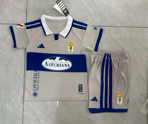 with LALIGA Patch Youth Uniform Kids Kit 2026-2027 Real Oviedo Away Grey Soccer Jersey Shorts Child Football Set