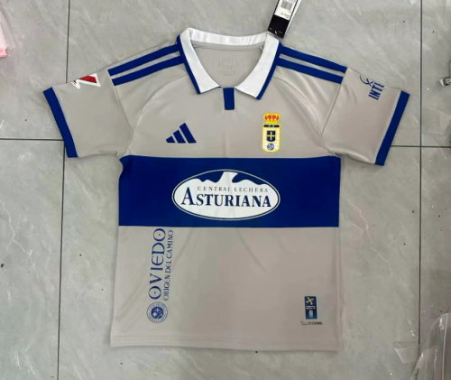 with LALIGA Patch Youth Uniform Kids Kit 2026-2027 Real Oviedo Away Grey Soccer Jersey Shorts Child Football Set