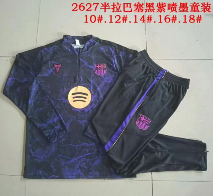 Youth 2026-2027 Barcelona Black/Purple Soccer Training Sweater and Pants Child Football Kit