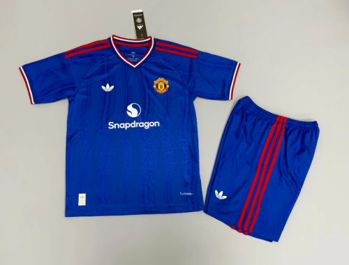 Player Version Youth Uniform Kids Kit 2026-2027 Manchester United Away Blue Soccer Jersey Shorts Child Football Set