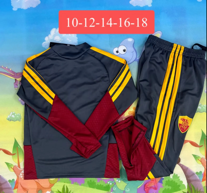 Youth 2026-2027 As Roma Dark Grey Soccer Training Sweater and Pants Child Football Kit