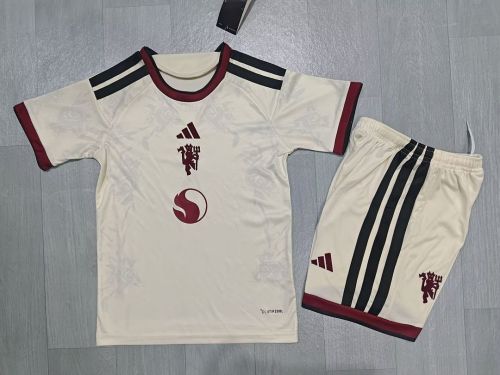 without Sponor Logo Youth Uniform Kids Kit 2026-2027 Manchester United Third Away White Soccer Jersey Shorts Child Football Set
