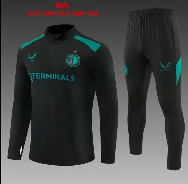 Youth 2026 Feyenoord Rotterdam Black Soccer Training Sweater and Pants Child Football Kit