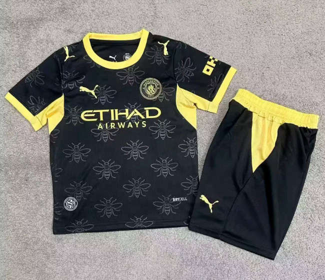Youth Uniform Kids Kit 2026-2027 Manchester City Away Black Soccer Jersey Shorts Child Football Set