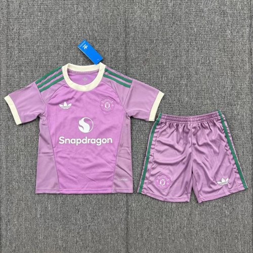Youth Uniform Kids Kit 2026-2027 Manchester United Purple Goalkeeper Soccer Jersey Shorts Child Football Set
