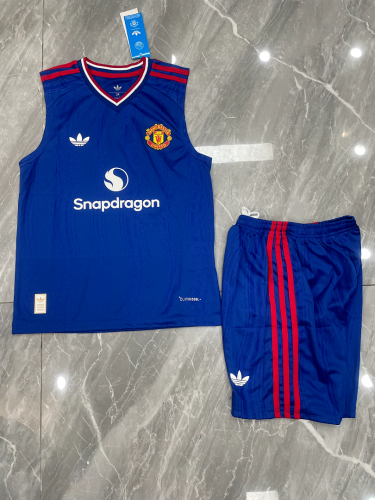 Player Version Youth Uniform 2026-2027 Manchester United Away Blue Soccer Training Vest and Shorts Football Kits