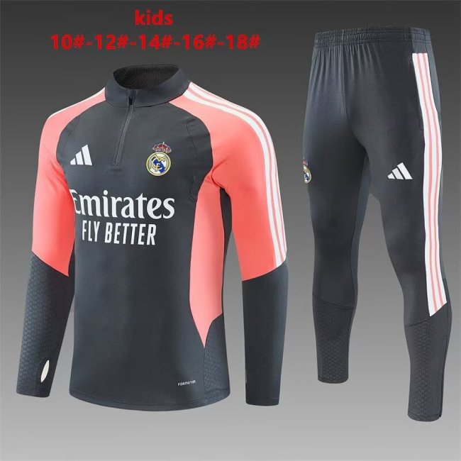 Youth 2026-2027 Real Madrid Dark Grey/Pink Soccer Training Jacket and Pants Child Football Kit