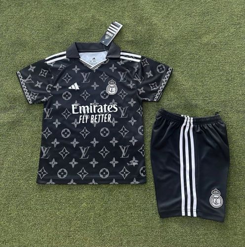 Youth Uniform Kids Kit 2026-2027 Real Madrid Black LV Version Pink Soccer Jersey Shorts Child Football Set