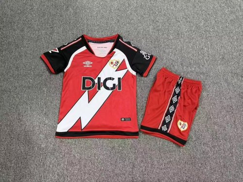 with LALIGA Patch Youth Uniform Kids Kit 2026-2027 Rayo Vallecano Away Red Soccer Jersey Shorts Child Football Set