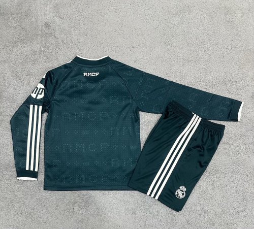 Long Sleeve Youth Uniform Kids Kit 2026-2027 Real Madrid Away Green Soccer Jersey Shorts Child Football Set
