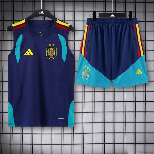 with 2 Stars Adult Uniform 2026-2027 Spain Dark Blue Soccer Training Vest and Shorts Football Kits