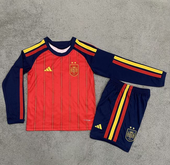 with 2 Stars Long Sleeve Youth Uniform Kids Kit 2026 Spain Home Soccer Jersey Shorts Child Football Set