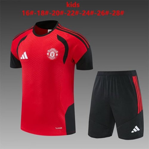 Youth Uniform Kids Kit 2026-2027 Manchester United Red/Black Soccer Training Jersey Shorts Child Football Set