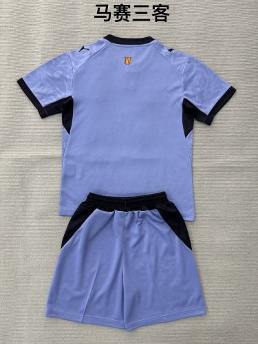 Youth Uniform Kids Kit 2026-2027 Marseille Third Away Purple Soccer Jersey Shorts Child Football Set