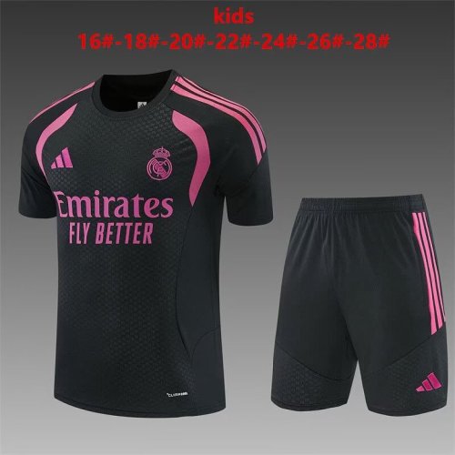 Youth Uniform Kids Kit 2026-2027 Real Madrid Black/Pink Soccer Training Jersey Shorts Child Football Set