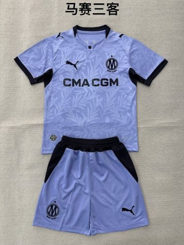 Youth Uniform Kids Kit 2026-2027 Marseille Third Away Purple Soccer Jersey Shorts Child Football Set