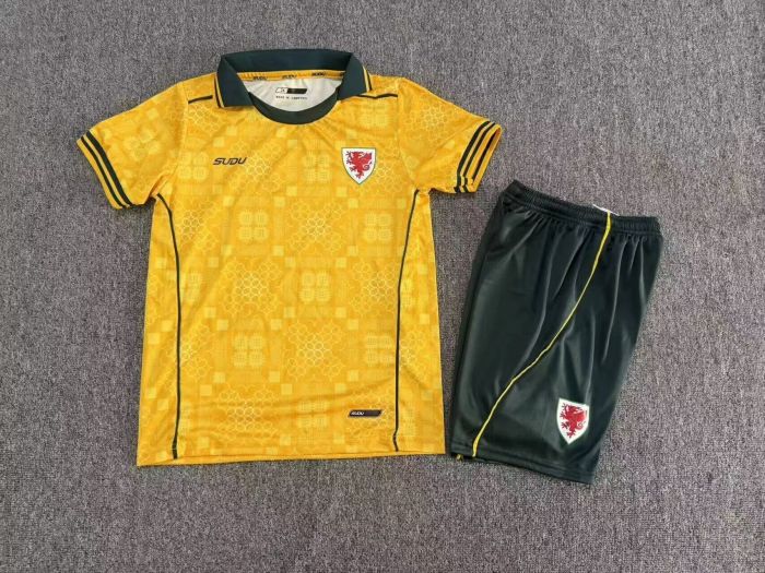 Youth Uniform Kids Kit 2027 Wales Away Yellow Soccer Jersey Shorts Child Welsh Football Set