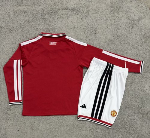 Long Sleeve Youth Uniform Kids Kit 2026-2027 Manchester United Home Soccer Jersey Shorts Child Football Set