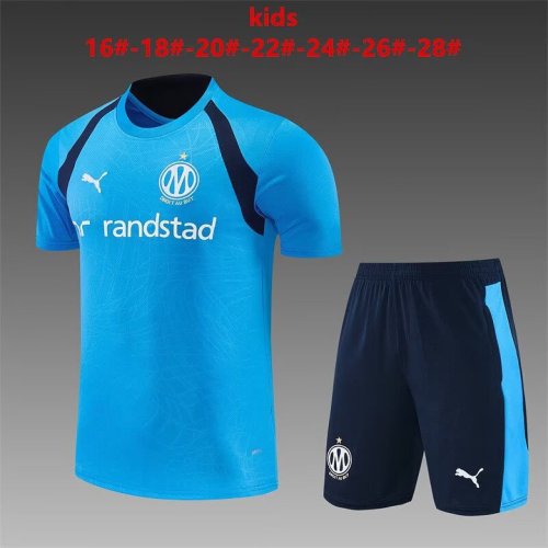 Youth Uniform Kids Kit 2026-2027 Marseille Blue Soccer Training Jersey Shorts Child Football Set