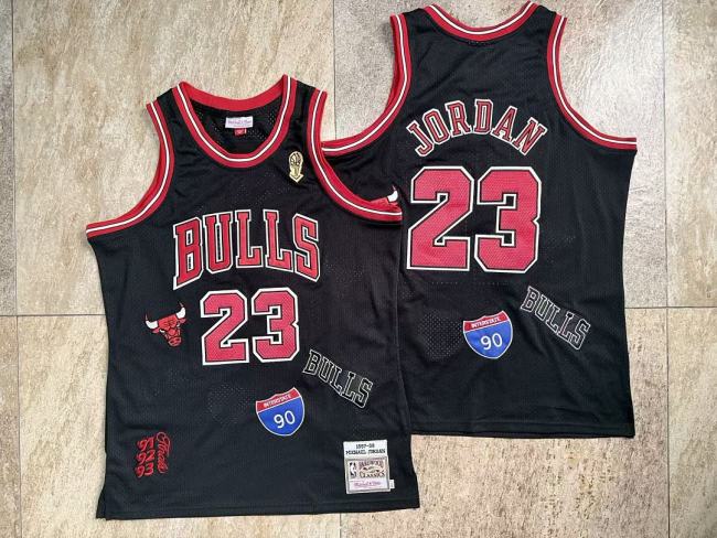 with Champions Trophy Mitchell&ness 1997-98 Chicago Bulls 23 JORDAN Black Basketball Shirt NBA Jersey