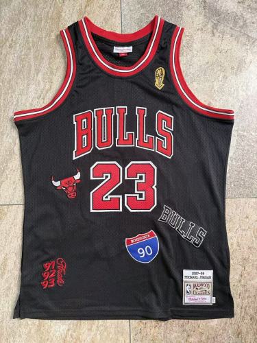 with Champions Trophy Mitchell&ness 1997-98 Chicago Bulls 23 JORDAN Black Basketball Shirt NBA Jersey