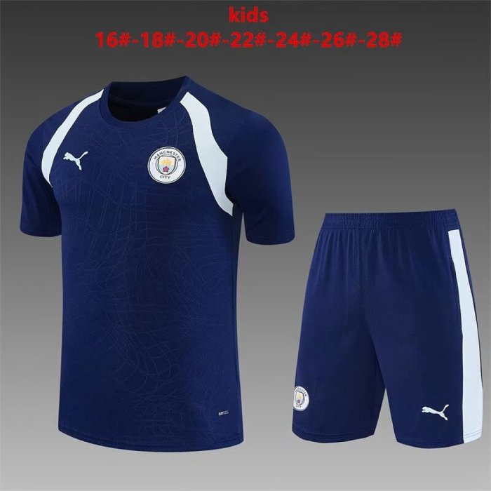 Youth Uniform Kids Kit 2026-2027 Manchester City Dark Blue Soccer Training Jersey Shorts Child Football Set