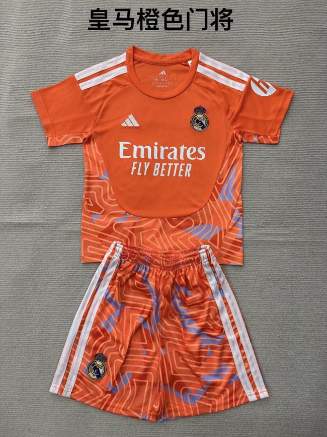 Youth Uniform Kids Kit 2026-2027 Real Madrid Orange Goalkeeper Soccer Jersey Shorts Child Football Set