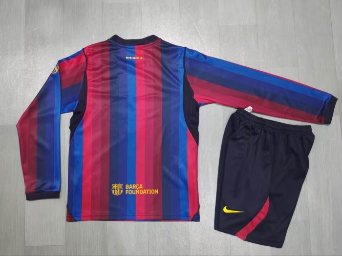 Long Sleeve Youth Uniform Kids Kit 2026-2027 Barcelona Home Soccer Jersey Shorts Child Football Set