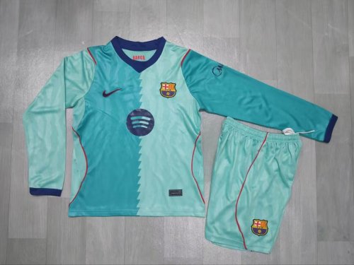Long Sleeve Youth Uniform Kids Kit 2026-2027 Barcelona Third Away Green Soccer Jersey Shorts Child Football Set