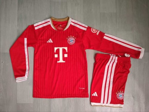 Long Sleeve Youth Uniform Kids Kit 2026-2027 Bayern Munich Home Soccer Jersey Shorts Child Football Set