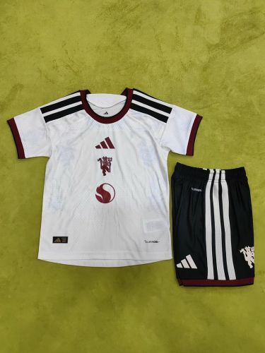 Player Version Youth Uniform Kids Kit 2026-2027 Manchester United Third Away White Soccer Jersey Shorts Child Football Set