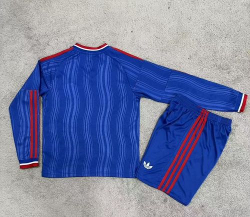 Long Sleeve Youth Uniform Kids Kit 2026-2027 Manchester United Away Blue Soccer Jersey Shorts Child Football Set