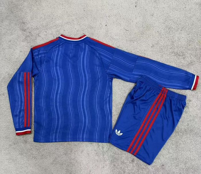 Long Sleeve Youth Uniform Kids Kit 2026-2027 Manchester United Away Blue Soccer Jersey Shorts Child Football Set