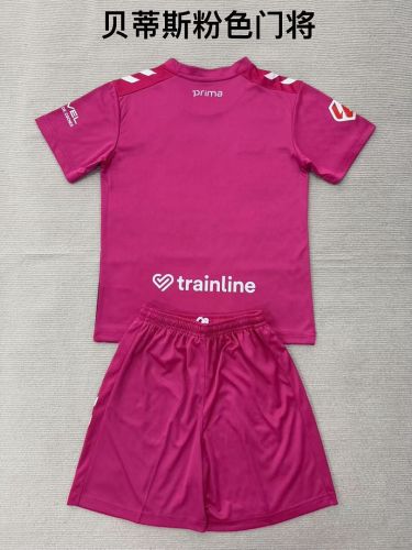 with LALIGA Patch Youth Uniform Kids Kit 2026-2027 Real Betis Pink Goalkeeper Soccer Jersey Shorts Child Football Set