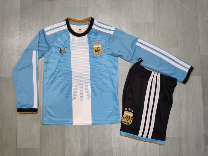 Long Sleeve Youth Uniform Kids Kit Argentina X Messi 2026 Special Edition Soccer Jersey Shorts Child Football Set