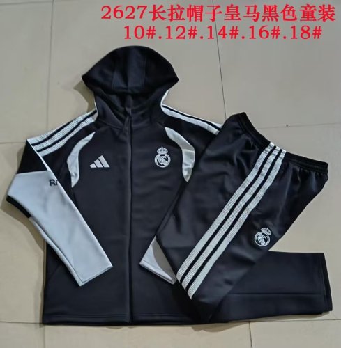 Youth wih Caps 2026-2027 Real Madrid Black/Grey Soccer Jacket and Pants Child Football Kit