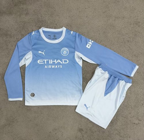 Long Sleeve Youth Uniform Kids Kit 2026-2027 Manchester City Home Soccer Jersey Shorts Child Football Set