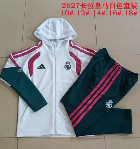 Youth wih Caps 2026-2027 Real Madrid White/Pink Soccer Jacket and Pants Child Football Kit