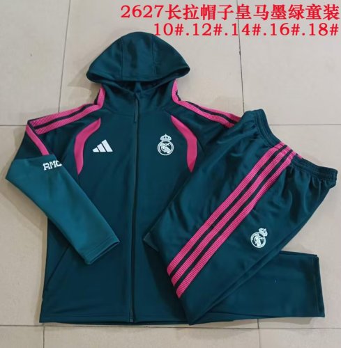 Youth wih Caps 2026-2027 Real Madrid Dark Green/Pink Soccer Jacket and Pants Child Football Kit