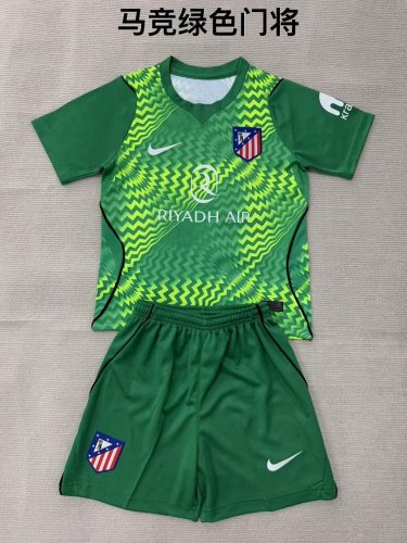 Youth Uniform Kids Kit 2026-2027 Atletico Madrid Green Goalkeeper Soccer Jersey Shorts Child Football Set