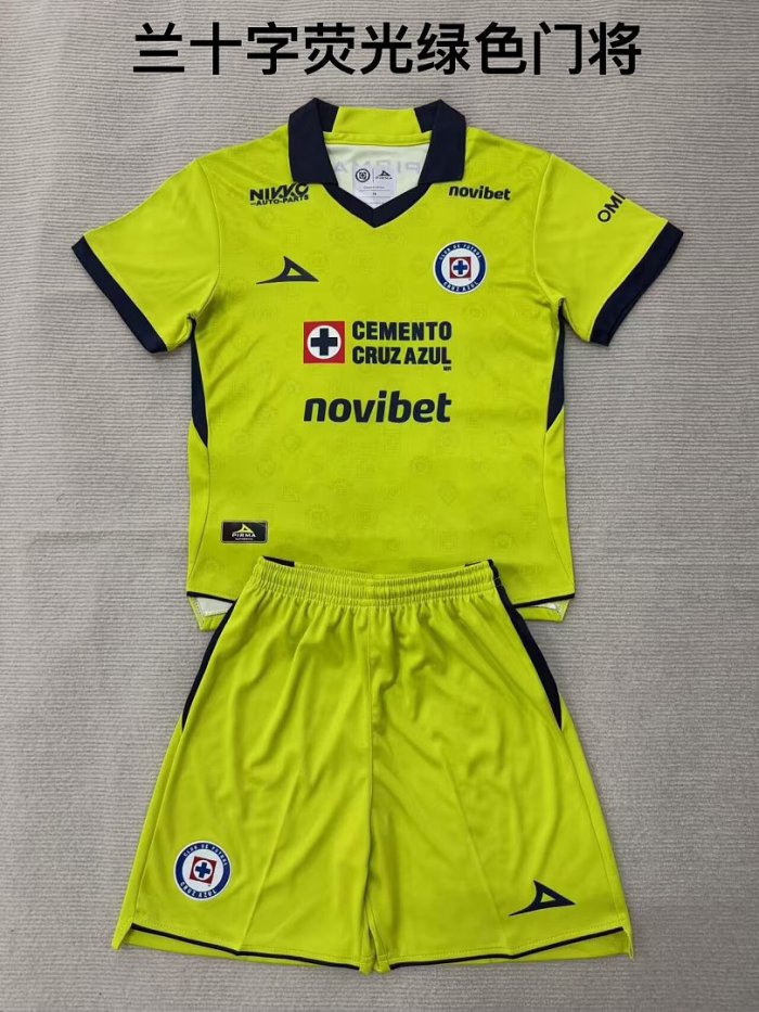 Youth Uniform Kids Kit 2026-2027 Cruz Azul Fluorescent Green Goalkeeper Soccer Jersey Shorts Child Football Set