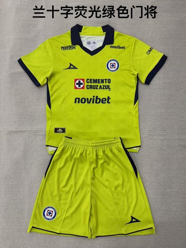 Youth Uniform Kids Kit 2026-2027 Cruz Azul Fluorescent Green Goalkeeper Soccer Jersey Shorts Child Football Set