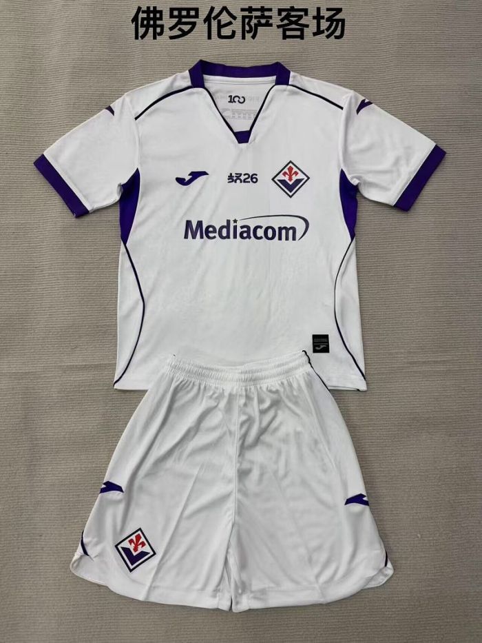 Youth Uniform Kids Kit 2026-2027 Fiorentina Away White Soccer Jersey Shorts Child Football Set