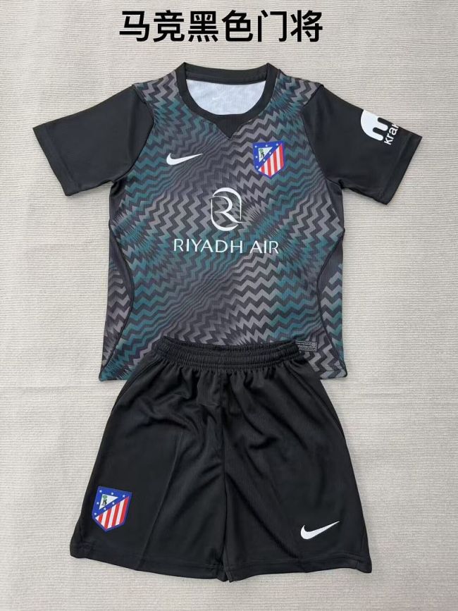 Youth Uniform Kids Kit 2026-2027 Atletico Madrid Black Goalkeeper Soccer Jersey Shorts Child Football Set