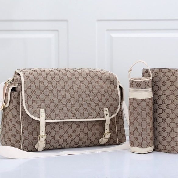 Canvas and split leather baby diaper bag + nursing bottle bag+ cushion, AAA, no box,diaper bag size  42x31x14cm,B98-36