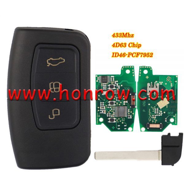 For Ford 3 button keyless go remote key with 433mhz  ASK ID46 PCF7952 4D63 Chip FCCID:3M5T-15K601-DC