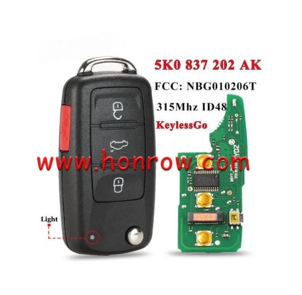 For VW 3+1 button Keyless-go Remote Key 315MHz ID48 Chip Fob for Volkswagen 2011-2017 (Models with Prox) P/N: NBG010206T 5K0837202AK