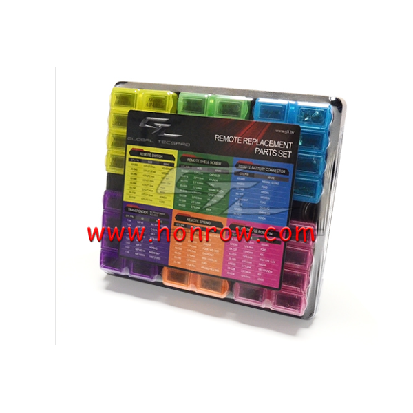 GTL remote replacement parts set 8 TYPES OF REMOTE SWITCHES 8 TYPES OF REMOTE SHELL SCREWS 8 TYPES OF REMOTE BATTERY CONN3CTORS 8 TYPES OF REMOTE SPRINGS 8 TYPES OF FLIP REMOTE ROLL PINS 1 EMPTY BOX L