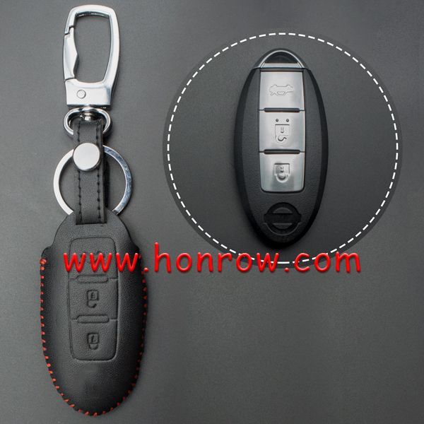 For Nissan 3 button key cowhide leather case ,Black Color