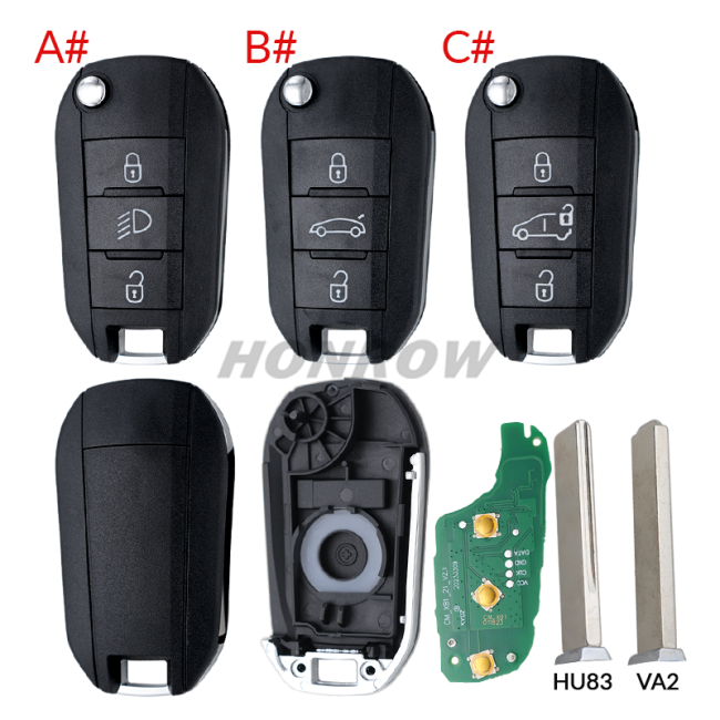 For Peugeot 3 Button Remote Key with 433MHz and HITAG AES 4A Chip without lg